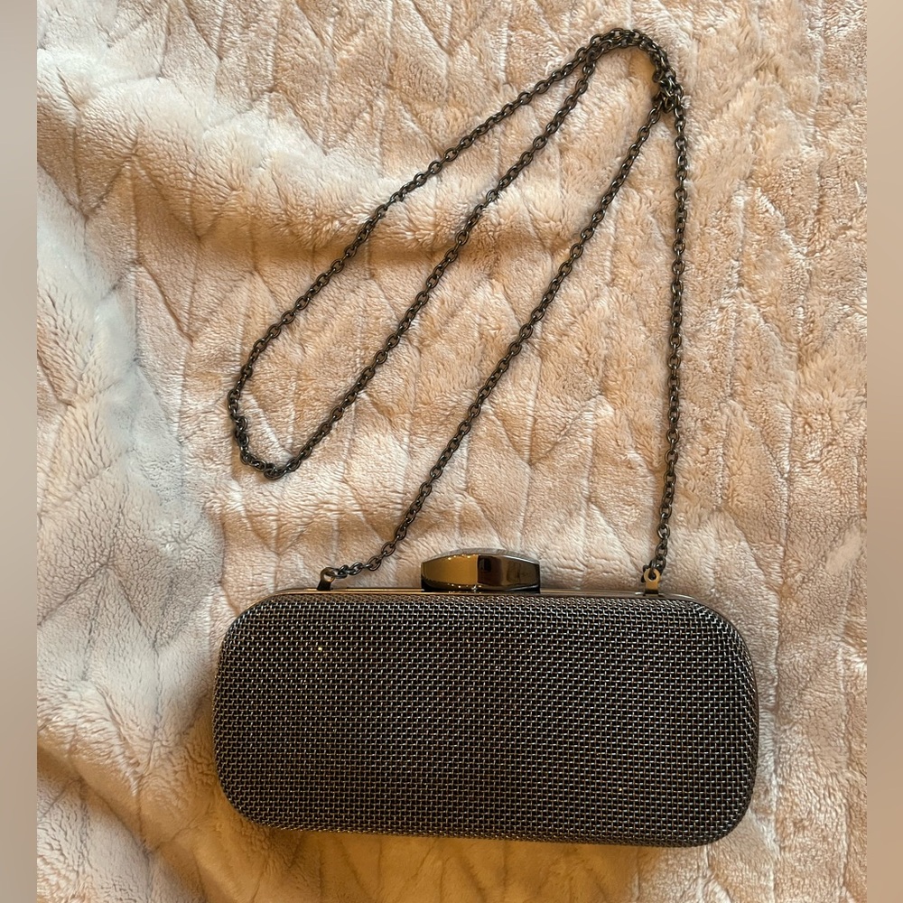 RSVP brand clasp closure clutch Y2K style with chain (can be hidden) dark silver